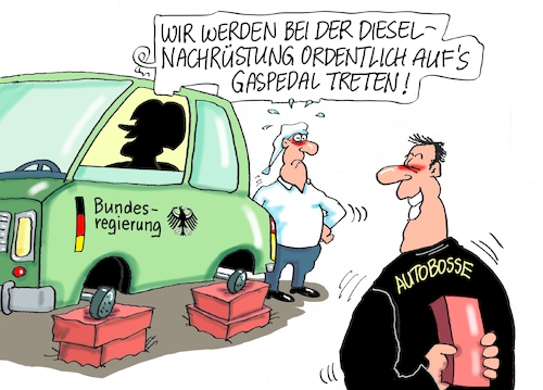 Cartoon: Dieselnachrüstung (medium) by RABE tagged vw,dieselgat,abgasskandal,vorstan,vorstandschef,winterkorn,anklage,haftbefehl,rab,ralf,böhme,cartoon,karikatur,pressezeichnung,farbcartoon,tagescartoon,polizei,nachrüstung,fahrverbote,merkel,dieselnachrüstung,innenstädte,mainz,verbot,gaspedal,autolobby,autobauer,bosse,vw,dieselgat,abgasskandal,vorstan,vorstandschef,winterkorn,anklage,haftbefehl,rab,ralf,böhme,cartoon,karikatur,pressezeichnung,farbcartoon,tagescartoon,polizei,nachrüstung,fahrverbote,merkel,dieselnachrüstung,innenstädte,mainz,verbot,gaspedal,autolobby,autobauer,bosse