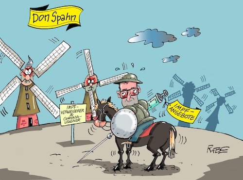 Cartoon: Don Spahn (medium) by RABE tagged corona,bundländerkonferenz,merkel,kanzleramt,lockerungen,stufenplan,öffnungen,lockdown,shutdown,baumärkte,impfdosen,rki,fallzahlen,inzidenzwert,spahn,impfzentren,impfreihenfolge,notbremse,impfgegner,impfangebot,impfverweigerer,coronaleugner,spanien,don,quichotte,windmühlen,gegner,rosinante,corona,bundländerkonferenz,merkel,kanzleramt,lockerungen,stufenplan,öffnungen,lockdown,shutdown,baumärkte,impfdosen,rki,fallzahlen,inzidenzwert,spahn,impfzentren,impfreihenfolge,notbremse,impfgegner,impfangebot,impfverweigerer,coronaleugner,spanien,don,quichotte,windmühlen,gegner,rosinante