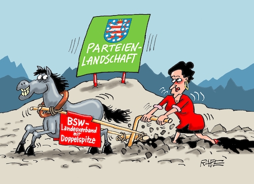 Cartoon: Doppelspitziges (medium) by RABE tagged wagenknecht,sahra,linke,parteiengründung,verein,bsw,bündnis,abspaltung,rabe,ralf,böhme,cartoon,karikatur,pressezeichnung,farbcartoon,tagescartoon,tür,auflösung,abgrund,fraktion,doppelspitze,landesverband,gründung,eisenach,pferd,acker,ackergaul,pflug,parteienlandschaft,wagenknecht,sahra,linke,parteiengründung,verein,bsw,bündnis,abspaltung,rabe,ralf,böhme,cartoon,karikatur,pressezeichnung,farbcartoon,tagescartoon,tür,auflösung,abgrund,fraktion,doppelspitze,landesverband,gründung,eisenach,pferd,acker,ackergaul,pflug,parteienlandschaft