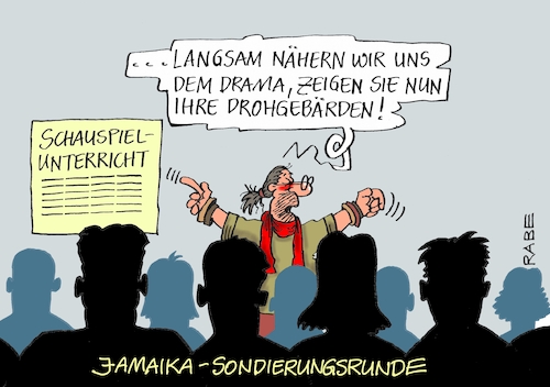 Cartoon: Drama (medium) by RABE tagged grüne,jamaika,sondierungsgespräche,regierungsbildung,amtshandlung,rabe,ralf,böhme,cartoon,karikatur,pressezeichnung,farbcartoon,tagescartoon,schauspielschule,unterricht,drama,dramatik,sondierungsrunde,grüne,jamaika,sondierungsgespräche,regierungsbildung,amtshandlung,rabe,ralf,böhme,cartoon,karikatur,pressezeichnung,farbcartoon,tagescartoon,schauspielschule,unterricht,drama,dramatik,sondierungsrunde