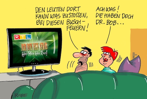 Cartoon: Dr.Bob (medium) by RABE tagged dchungelcamp,rtl,australien,tv,promis,rabe,ralf,böhme,cartoon,karikatur,pressezeichnung,farbcartoon,tagescartoon,fernsehen,privatfernsehen,buschfeuer,camp,brand,feuer,flammen,löscheinsatz,klimakatastrophe,buschbrände,dchungelcamp,rtl,australien,tv,promis,rabe,ralf,böhme,cartoon,karikatur,pressezeichnung,farbcartoon,tagescartoon,fernsehen,privatfernsehen,buschfeuer,camp,brand,feuer,flammen,löscheinsatz,klimakatastrophe,buschbrände