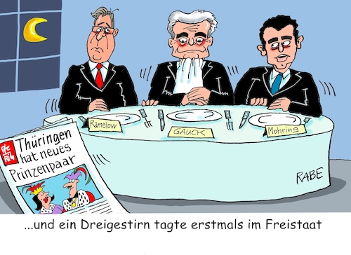 Cartoon: Dreigestirn (medium) by RABE tagged landtagswahlen,wahlergebnisse,sachsen,brandenburg,groko,spd,cdu,rabe,ralf,böhme,cartoon,karikatur,pressezeichnung,farbcartoon,tagescartoon,arzt,doktor,csu,afd,verluste,rechte,populismus,thüringen,erfurt,minderheitsregierung,bodo,ramelow,mike,mohring,gauck,höcke,sondierungsgespräche,abendessen,projektregierung,althaus,eichsfeld,karneval,prinzenpaar,dreigestirn,landtagswahlen,wahlergebnisse,sachsen,brandenburg,groko,spd,cdu,rabe,ralf,böhme,cartoon,karikatur,pressezeichnung,farbcartoon,tagescartoon,arzt,doktor,csu,afd,verluste,rechte,populismus,thüringen,erfurt,minderheitsregierung,bodo,ramelow,mike,mohring,gauck,höcke,sondierungsgespräche,abendessen,projektregierung,althaus,eichsfeld,karneval,prinzenpaar,dreigestirn