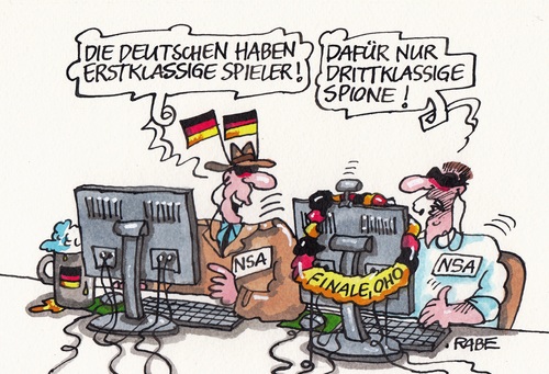 Cartoon: Drittklassig (medium) by RABE tagged nsa,cia,bnd,spionage,spionageaffäre,geheimdienste,rabe,ralf,böhme,cartoon,karikatur,pressezeichnung,farbcartoon,tagescartoon,wm,fussballweltmeisterschaft,endspiel,brasilien,nationalelf,löw,lahme,nsa,cia,bnd,spionage,spionageaffäre,geheimdienste,rabe,ralf,böhme,cartoon,karikatur,pressezeichnung,farbcartoon,tagescartoon,wm,fussballweltmeisterschaft,endspiel,brasilien,nationalelf,löw,lahme