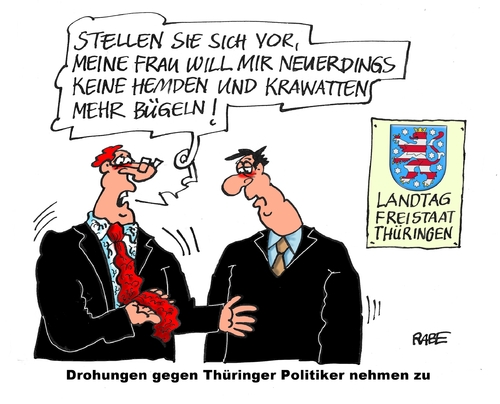 Cartoon: Drohungen (medium) by RABE tagged drohungen,straftaten,gewalt,abgeordnete,landtag,thüringen,ministerpräsident,ramelow,linke,rotrotgrün,landesregierungg,rabe,ralf,böhme,cartoon,karikaturpressezeichnung,farbcartoon,tagescartoon,anzug,hemd,krawatte,bügeleisen,bügeln,drohungen,straftaten,gewalt,abgeordnete,landtag,thüringen,ministerpräsident,ramelow,linke,rotrotgrün,landesregierungg,rabe,ralf,böhme,cartoon,karikaturpressezeichnung,farbcartoon,tagescartoon,anzug,hemd,krawatte,bügeleisen,bügeln