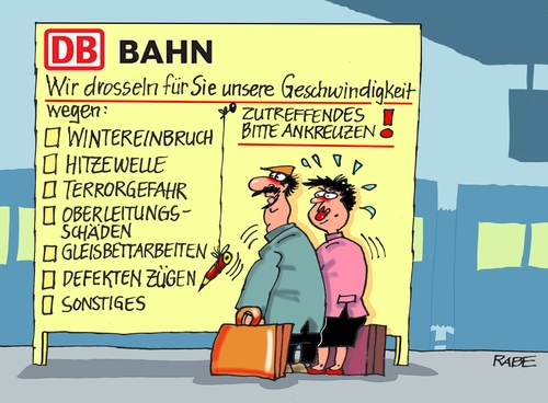 Cartoon: Drossel (medium) by RABE tagged deutsche,bahn,ag,reisende,kunden,drosselung,bahnvorstand,ice,schnellzüge,rabe,ralf,böhme,cartoon,karikatur,pressezeichnung,farbcartoon,bahnhof,bahnsteig,verspätungen,fahrplan,bahnkunden,sicherheit,deutsche,bahn,ag,reisende,kunden,drosselung,bahnvorstand,ice,schnellzüge,rabe,ralf,böhme,cartoon,karikatur,pressezeichnung,farbcartoon,bahnhof,bahnsteig,verspätungen,fahrplan,bahnkunden,sicherheit