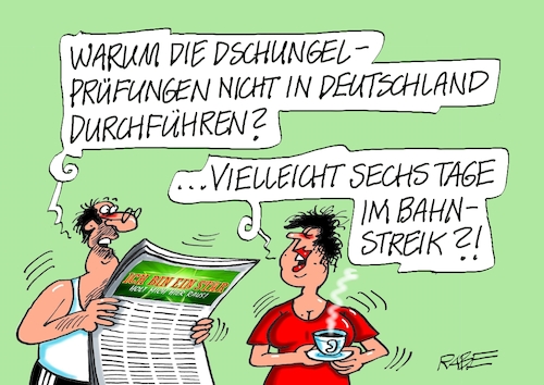 Cartoon: Dschungelcamp (medium) by RABE tagged bahn,db,bahnkunden,fahrpreis,fahrpreiserhöhung,rabe,ralf,böhme,cartoon,karikatur,pressezeichnung,farbcartoon,tagescartoon,schnellzug,bahnticket,schlusslicht,passagiere,bahnreisende,weselsky,bahnstreik,gdl,lokführer,dschungel,dschungelcamp,star,rtl,dschungelshow,tv,bahn,db,bahnkunden,fahrpreis,fahrpreiserhöhung,rabe,ralf,böhme,cartoon,karikatur,pressezeichnung,farbcartoon,tagescartoon,schnellzug,bahnticket,schlusslicht,passagiere,bahnreisende,weselsky,bahnstreik,gdl,lokführer,dschungel,dschungelcamp,star,rtl,dschungelshow,tv