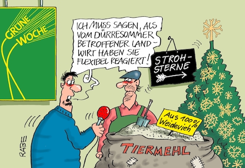 Cartoon: Dürresommerwochen (medium) by RABE tagged grüne,woche,verbrauchermesse,agrar,agrarministerin,landwirte,entschädigung,berlin,glöckner,rabe,ralf,böhme,cartoon,tagescartoon,farbcartoon,bauer,tiermehl,hitze,dürresommer,dürre,stroh,weidevieh,strosterne,weihnachtsbaum,grüne,woche,verbrauchermesse,agrar,agrarministerin,landwirte,entschädigung,berlin,glöckner,rabe,ralf,böhme,cartoon,tagescartoon,farbcartoon,bauer,tiermehl,hitze,dürresommer,dürre,stroh,weidevieh,strosterne,weihnachtsbaum