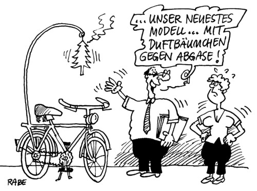 Cartoon: Duftbäumchen (medium) by RABE tagged umwelt,klima,umweltverschmutzung,klimawandel,abgase,auspuff,straßenverkehr,feinstaub,feinstaubplakette,ruß,rußfilter,rußpartikelfilter,duftbaum,duftbäumchen,fahrrad,radfahrer,verkehrsteilnehmer,katalysator,mann,frau,verkäufer,modell,fahrradverkäufer,zweirad,zweiradfahrer,umwelt,klima,umweltverschmutzung,klimawandel,abgase,auspuff,feinstaubplakette,ruß,rußpartikelfilter