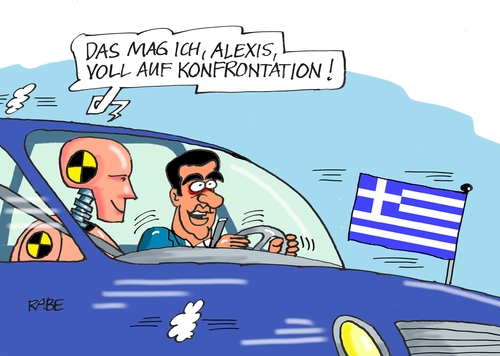 Cartoon: Dummi (medium) by RABE tagged griechenland,alexis,tsipras,staatspleite,eu,eurozone,schäuble,troika,ezb,rabe,ralf,böhme,cartoon,karikatur,pressezeichnung,farbcartoon,auto,chrash,konfrontation,chrashtest,dummis,griechenland,alexis,tsipras,staatspleite,eu,eurozone,schäuble,troika,ezb,rabe,ralf,böhme,cartoon,karikatur,pressezeichnung,farbcartoon,auto,chrash,konfrontation,chrashtest,dummis