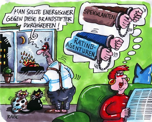 Cartoon: Durchgreifende Massnahmen (medium) by RABE tagged innenminister,bundesregierung,kanzlerin,merkel,cdu,csu,polizei,polizeieinsatz,löscheinsatz,bestrafung,gefängnis,handschellen,knast,straßenschlachten,wasserwerfer,euro,krise,eu,brüssel,finanzchefs,schuldenkrise,ratingagentur,spekulanten,gewinn,börse,börsianer,anleger,dowjones,dax,börsenwerte,kredit,zinsen,steuerzahler,banken,banknoten,brandstifter,brand,brandherd,flammen,feuerwehr,ehepaar,couch,katzen,zeitung,schlagzeile,pkw,auto,fahrzeuge,polizeistreife,innenminister,bundesregierung,kanzlerin,merkel,cdu,csu,polizei,polizeieinsatz,löscheinsatz,bestrafung,gefängnis