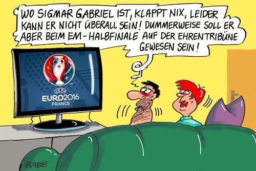 Cartoon: Ehrentribüne (medium) by RABE tagged löw,nationalelf,paris,em,fußball,reus,ruby,brandt,bellarabi,rabe,ralf,böhme,cartoon,karikatur,pressezeichnung,farbcartoon,tagescartoon,halbfinale,frankreich,ehrentribüne,ehrengast,sigmar,gabriel,merkel,kanzlerin,marseille,endspiel,viererkette,aus,spd,vize,fußball,em,paris,nationalelf,löw,reus,ruby,brandt,bellarabi,rabe,ralf,böhme,cartoon,karikatur,pressezeichnung,farbcartoon,tagescartoon,halbfinale,frankreich,ehrentribüne,ehrengast,sigmar,gabriel,merkel,kanzlerin,marseille,endspiel,viererkette,aus,spd,vize