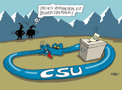 Cartoon: Einmalige Beobachtung (medium) by RABE tagged markus,söder,csu,bayern,münchen,landesvorsitzender,horst,seehofer,merkel,cdu,union,streit,unionstreit,asylstreit,ultimatum,grenze,zurückweisung,flüchtlinge,grenzkontrollen,innenminister,konflikt,landtagswahlen,umfragewerte,wahldebakel,wähler,schlange,natter,schwanz,wahlurne,afd,alpen,hessen,markus,söder,csu,bayern,münchen,landesvorsitzender,horst,seehofer,merkel,cdu,union,streit,unionstreit,asylstreit,ultimatum,grenze,zurückweisung,flüchtlinge,grenzkontrollen,innenminister,konflikt,landtagswahlen,umfragewerte,wahldebakel,wähler,schlange,natter,schwanz,wahlurne,afd,alpen,hessen