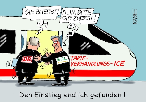 Cartoon: Einstieg gefunden (medium) by RABE tagged bahn,db,bahnkunden,fahrpreis,fahrpreiserhöhung,rabe,ralf,böhme,cartoon,karikatur,pressezeichnung,farbcartoon,tagescartoon,schnellzug,bahnticket,schlusslicht,passagiere,bahnreisende,puffer,einstieg,verhandlungseinstieg,verhandlungsaufnahme,schlichter,wiederaufnahme,welselsky,bahnchef,ice,tarifgespräche,gdl,lokführer,lokführergewerkschaft,bahnsteig,verdi,tarifangebote,arbeitskampf,bahn,db,bahnkunden,fahrpreis,fahrpreiserhöhung,rabe,ralf,böhme,cartoon,karikatur,pressezeichnung,farbcartoon,tagescartoon,schnellzug,bahnticket,schlusslicht,passagiere,bahnreisende,puffer,einstieg,verhandlungseinstieg,verhandlungsaufnahme,schlichter,wiederaufnahme,welselsky,bahnchef,ice,tarifgespräche,gdl,lokführer,lokführergewerkschaft,bahnsteig,verdi,tarifangebote,arbeitskampf