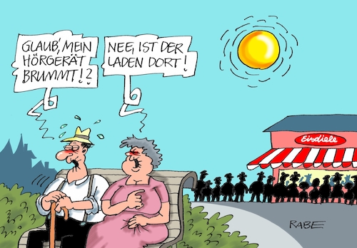 Cartoon: Eisdeal (medium) by RABE tagged eis,eisdiele,eisverkäufer,laden,brummen,geschäft,hitze,hitzewelle,rabe,ralf,böhme,cartoon,karikatur,pressezeichnung,farbcartoon,tagescartoon,rentner,hörgerät,defekt,aufschwung,vanilleeis,eiswaffel,sahneeis,klimawandel,hitzeperiode,eis,eisdiele,eisverkäufer,laden,brummen,geschäft,hitze,hitzewelle,rabe,ralf,böhme,cartoon,karikatur,pressezeichnung,farbcartoon,tagescartoon,rentner,hörgerät,defekt,aufschwung,vanilleeis,eiswaffel,sahneeis,klimawandel,hitzeperiode