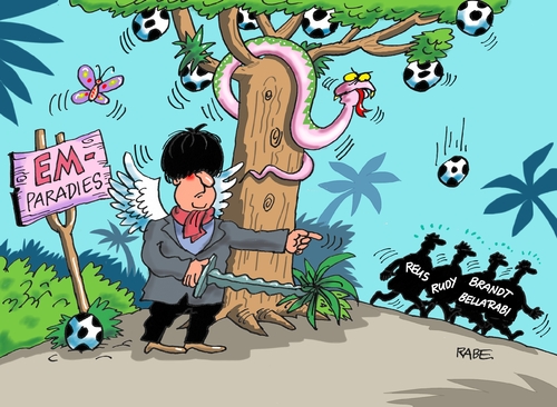 Cartoon: EM Paradies (medium) by RABE tagged fußball,em,paris,nationalelf,löw,reus,ruby,brandt,bellarabi,rabe,ralf,böhme,cartoon,karikatur,pressezeichnung,farbcartoon,tagescartoon,paradies,schlange,vertreibung,auswahl,kader,fußball,em,paris,nationalelf,löw,reus,ruby,brandt,bellarabi,rabe,ralf,böhme,cartoon,karikatur,pressezeichnung,farbcartoon,tagescartoon,paradies,schlange,vertreibung,auswahl,kader