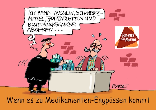 Cartoon: Engpässliches (medium) by RABE tagged karl,lauterbach,bundesregierung,gesundheitsminister,medikamente,rabe,ralf,böhme,cartoon,karikatur,pressezeichnung,farbcartoon,tagescartoon,engpass,engpässe,medikamentenengpässe,ldf,horst,lichter,bares,rares,blutdrucksenker,insulin,jodtabletten,schmerzmittel,medizin,apotheken,abotheker,karl,lauterbach,bundesregierung,gesundheitsminister,medikamente,rabe,ralf,böhme,cartoon,karikatur,pressezeichnung,farbcartoon,tagescartoon,engpass,engpässe,medikamentenengpässe,ldf,horst,lichter,bares,rares,blutdrucksenker,insulin,jodtabletten,schmerzmittel,medizin,apotheken,abotheker