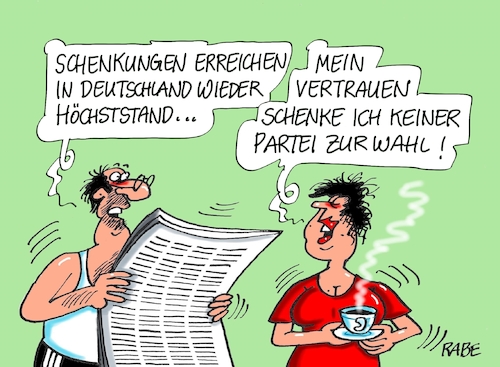 Cartoon: Erben und Schenken (medium) by RABE tagged erben,schenkungen,erbschaften,höchststand,deutschland,rabe,ralf,böhme,cartoon,karikatur,pressezeichnung,farbcartoon,tagescartoon,wahlkampf,parteien,bundestagswahl,wähler,stimme,wählerstimme,erben,schenkungen,erbschaften,höchststand,deutschland,rabe,ralf,böhme,cartoon,karikatur,pressezeichnung,farbcartoon,tagescartoon,wahlkampf,parteien,bundestagswahl,wähler,stimme,wählerstimme