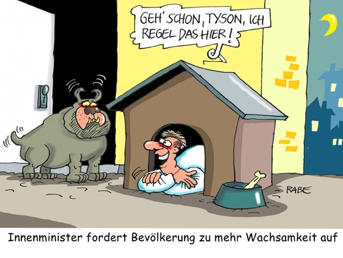 Cartoon: Erhöhte Wachsamkeit (medium) by RABE tagged innenminister,bundesinnenminister,sicherheitskonferenz,islamisten,is,terroristen,radikalisierung,rabe,ralf,böhme,cartoon,karikatur,pressezeichnung,farbcartoon,tagescartoon,hund,tyson,hundehütte,herrchen,wachsamkeit,wachhund,innenminister,bundesinnenminister,sicherheitskonferenz,islamisten,is,terroristen,radikalisierung,rabe,ralf,böhme,cartoon,karikatur,pressezeichnung,farbcartoon,tagescartoon,hund,tyson,hundehütte,herrchen,wachsamkeit,wachhund