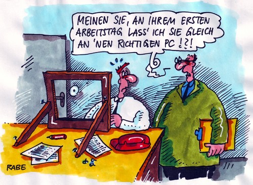 Cartoon: Erster Arbeitstag (medium) by RABE tagged büro,arbeitsplatz,schreibtisch,chef,betrieb,pc,rechner,angestellte,beamte,chefetage,telefon,computer,internet,euro,krise,umsatz,bleisitift,belegschaft,mobbing,streß,mann,sekretariat,terminplan,kündigung,job,attrappe,holzgerüst,büro,arbeitsplatz,arbeit,job,chef,betrieb,rechner,angestellte,beamte,telefon,computer,internet,krise,mobbing,streß,mann,kündigung,terminplan