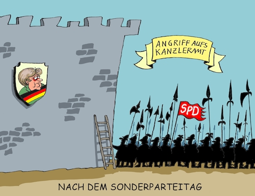 Cartoon: Erstürmung (medium) by RABE tagged martin,schulz,spd,wahlkampf,bundestagswahl,beamte,rentenkasse,rabe,ralf,böhme,cartoon,karikatur,pressezeichnung,farbcartoon,tagescartoon,rentner,nahles,gleichberechtigung,kanzleramt,erstürmung,burg,festung,sonderparteitag,dortmund,bundestagswahlprogramm,redner,altkanzler,schröder,ritter,lanzen,fahnen,speere,helmbarden,helebarden,martin,schulz,spd,wahlkampf,bundestagswahl,beamte,rentenkasse,rabe,ralf,böhme,cartoon,karikatur,pressezeichnung,farbcartoon,tagescartoon,rentner,nahles,gleichberechtigung,kanzleramt,erstürmung,burg,festung,sonderparteitag,dortmund,bundestagswahlprogramm,redner,altkanzler,schröder,ritter,lanzen,fahnen,speere,helmbarden,helebarden