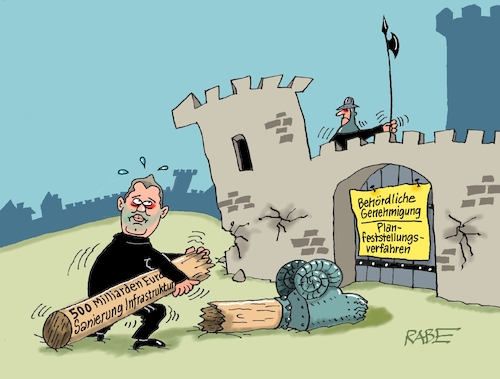 Cartoon: Erstürmung verzögert sich (medium) by RABE tagged merz,union,kanzler,fritze,koalition,spd,klingbeil,bundesregierung,rabe,ralf,böhme,cartoon,karikatur,pressezeichnung,farbcartoon,tagescartoon,trump,putin,krisen,tv,nachrichten,lars,finanzminister,milliarden,schulden,investition,infrastruktur,brücken,straßen,behörde,amt,planfeststellungsverfahren,genehmigung,burg,ramme,erstürmung,merz,union,kanzler,fritze,koalition,spd,klingbeil,bundesregierung,rabe,ralf,böhme,cartoon,karikatur,pressezeichnung,farbcartoon,tagescartoon,trump,putin,krisen,tv,nachrichten,lars,finanzminister,milliarden,schulden,investition,infrastruktur,brücken,straßen,behörde,amt,planfeststellungsverfahren,genehmigung,burg,ramme,erstürmung