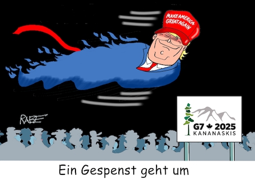 Cartoon: Es fliegt was in der Luft (medium) by RABE tagged trump,kanada,gipfel,gipfeltreffen,staatschefs,rabe,ralf,böhme,cartoon,karikatur,pressezeichnung,farbcartoon,tagescartoon,gespenst,geist,angst,donald,usa,trump,kanada,gipfel,gipfeltreffen,staatschefs,rabe,ralf,böhme,cartoon,karikatur,pressezeichnung,farbcartoon,tagescartoon,gespenst,geist,angst,donald,usa