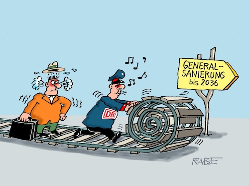Cartoon: Es kommt ins Rollen (medium) by RABE tagged db,bahn,verspätung,sanierung,generalsanierung,bahnstrecke,cartoon,karikatur,rabe,ralf,böhme,pressezeichnung,farbcartoon,tagescartoon,lok,zug,tunnel,gleisbett,bahnkunde,transport,verkehr,db,bahn,verspätung,sanierung,generalsanierung,bahnstrecke,cartoon,karikatur,rabe,ralf,böhme,pressezeichnung,farbcartoon,tagescartoon,lok,zug,tunnel,gleisbett,bahnkunde,transport,verkehr