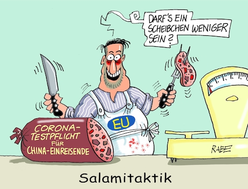 Cartoon: EU Abschneider (medium) by RABE tagged corona,pandemie,ausstieg,masken,rabe,ralf,böhme,karikatur,pressezeichnung,farbcartoon,tagescartoon,coronavorschriften,maskenpflich,testpflicht,testzentren,teststäbchen,china,einreisende,kontrollen,mutante,chinaeinreisende,fleischer,waage,salami,salamitaktik,wurst,wurstscheibe,metzger,butcher,corona,pandemie,ausstieg,masken,rabe,ralf,böhme,karikatur,pressezeichnung,farbcartoon,tagescartoon,coronavorschriften,maskenpflich,testpflicht,testzentren,teststäbchen,china,einreisende,kontrollen,mutante,chinaeinreisende,fleischer,waage,salami,salamitaktik,wurst,wurstscheibe,metzger,butcher