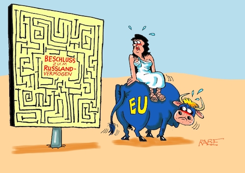 EU irre (medium) Cartoon: EU irre (medium) by RABE tagged merz,union,kanzler,fritze,koalition,spd,klingbeil,bundesregierung,rabe,ralf,böhme,cartoon,karikatur,pressezeichnung,farbcartoon,tagescartoon,trump,putin,krisen,tv,nachrichten,waschmaschine,eu,europa,brüssel,stier,wüste,irrgarten,labyrinth,russland,geld,russlandgelder,einfrierung,ukraine,merz,union,kanzler,fritze,koalition,spd,klingbeil,bundesregierung,rabe,ralf,böhme,cartoon,karikatur,pressezeichnung,farbcartoon,tagescartoon,trump,putin,krisen,tv,nachrichten,waschmaschine,eu,europa,brüssel,stier,wüste,irrgarten,labyrinth,russland,geld,russlandgelder,einfrierung,ukraine
