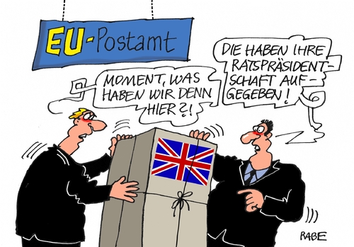 Cartoon: EU Präsidentschaft (medium) by RABE tagged cameron,england,briten,austritt,verbleib,eu,brüssel,volksentscheid,leave,rabe,ralf,böhme,cartoon,karikatur,pressezeichnung,farbcartoon,tagescartoon,präsidentschaft,parlament,postamt,paketannahme,cameron,england,briten,austritt,verbleib,eu,brüssel,volksentscheid,leave,rabe,ralf,böhme,cartoon,karikatur,pressezeichnung,farbcartoon,tagescartoon,präsidentschaft,parlament,postamt,paketannahme