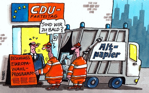 Cartoon: Europawahl (medium) by RABE tagged europa,eu,europawahl,euro,parteitag,bundesparteitag,cdu,kanzlerin,merkel,parteispitze,wahlprogramm,parteiprogramm,beschluss,europawahlprogramm,rabe,ralf,böhme,cartoon,karikatur,pressezeichnung,farbcartoon,altpapier,müllauto,recycling,müllverwertung,makulatur,zeitungen,papierbündel,müllmänner,papiercontainer,europa,eu,europawahl,euro,parteitag,bundesparteitag,cdu,kanzlerin,merkel,parteispitze,wahlprogramm,parteiprogramm,beschluss,europawahlprogramm,rabe,ralf,böhme,cartoon,karikatur,pressezeichnung,farbcartoon,altpapier,müllauto,recycling,müllverwertung,makulatur,zeitungen,papierbündel,müllmänner,papiercontainer