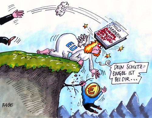 Cartoon: Euroschutzengel (medium) by RABE tagged sarrazin,spd,thilo,buch,europa,euro,eu,brüssel,eurozone,schuldenkrise,eurokrise,mark,rettungsschirm,fiskalpakt,sparkurs,kanzlerin,merkel,cdu,hollande,griechenland,athen,schlucht,abgrund,engel,schutzengel,rettung,sarrazin,spd,buch,europa,brüssel,schuldenkrise,eurokrise