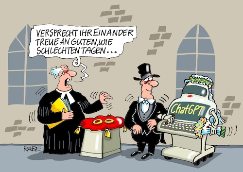 Cartoon: Ewige Treue (medium) by RABE tagged chatgpt,intelligenz,roboter,ki,volker,wissing,fdp,rabe,ralf,böhme,cartoon,karikatur,pressezeichnung,farbcartoon,tagescartoon,brautpaar,trauung,hochzeit,kirche,pfarrer,eheringe,bräutigam,chatgpt,intelligenz,roboter,ki,volker,wissing,fdp,rabe,ralf,böhme,cartoon,karikatur,pressezeichnung,farbcartoon,tagescartoon,brautpaar,trauung,hochzeit,kirche,pfarrer,eheringe,bräutigam