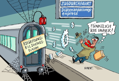 Cartoon: Expresszuschlag (medium) by RABE tagged diäten,diatenanpassung,bundesregierung,regierungsbildung,groko,koko,rabe,ralf,böhme,cartoon,karikatur,pressezeichnung,farbcartoon,tagescartoon,bahnsteig,zug,reisende,neuwahlen,sondierung,diäten,diatenanpassung,bundesregierung,regierungsbildung,groko,koko,rabe,ralf,böhme,cartoon,karikatur,pressezeichnung,farbcartoon,tagescartoon,bahnsteig,zug,reisende,neuwahlen,sondierung