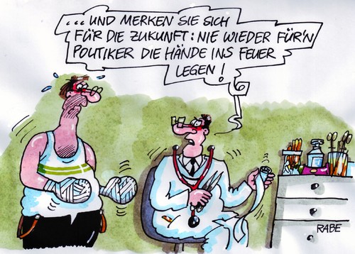 Cartoon: Falsch verbunden (medium) by RABE tagged politiker,abgeordnete,minister,bundespräsident,staatsdiener,kanzlerin,merkel,cdu,wulff,transparenz,ehrlichkeit,volksverbundenheit,politikverdrossenheit,euro,krise,schulden,hand,finger,arzt,arztpraxis,doktot,behandlungszimmer,sprechzimmer,rezept,diagnose,brand,brandopfer,brandblase,brandsalbe,verband,pflaster,mull,mullbinde,patient,feuer,flamme,politiker,abgeordnete,minister,bundespräsident,staatsdiener,kanzlerin,merkel,wulff,transparenz,ehrlichkeit