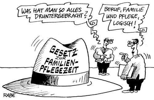 Cartoon: Familienpflegezeit (medium) by RABE tagged bildungswesen,familie,pflegezeit,familienpflegezeit,job,hut,beruf,pflege,eltern,kinder,angehörige,gesetz,bundesregierung,bildungswesen,familie,pflegezeit,familienpflegezeit,angehörige,eltern,gesetz