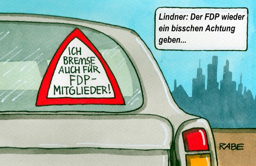 Cartoon: FDP-Bremse (medium) by RABE tagged bundestagswahl,fdp,liberale,leihstimme,zweitstimme,patrick,lindner,rösler,brüderle,wahlniederlage,stimmverluste,schwarzgelb,regierungsbildung,kabinett,rabe,ralf,böhme,cartoon,karikatur,pressezeichnung,farbcartoon,pkw,auto,autofahrer,straße,fußweg,fußgängerüberweg,straßenverkehr,bremse,bremsbeläge,bremsbelag,verkehrsschild,auflkeber,sticker,button,bundestagswahl,fdp,liberale,leihstimme,zweitstimme,patrick,lindner,rösler,brüderle,wahlniederlage,stimmverluste,schwarzgelb,regierungsbildung,kabinett,rabe,ralf,böhme,cartoon,karikatur,pressezeichnung,farbcartoon,pkw,auto,autofahrer,straße,fußweg,fußgängerüberweg,straßenverkehr,bremse,bremsbeläge,bremsbelag,verkehrsschild,auflkeber,sticker,button