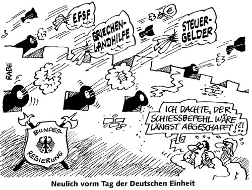 Cartoon: Feuer frei ! (medium) by RABE tagged bundesregierung,bundesrat,kanzlerin,merkel,cdu,koalition,schwarzgelb,fdp,rösler,abstimmung,rettungsschirm,griechenland,griechenlandhilfe,euro,eu,krise,schuldenkrise,brüssel,finanzminister,efsf,steurn,steuergelder,steuerzahler,banken,kredite,eurobonds,schiessbefehl,grenze,mauer,zone,zonengrenze,oktober,deutsche,einheit,abschaffung,stacheldraht,ddr,sed,stasi,wiedervereinigung,burg,kanonen,kanonenkugel,geldsack,zinnen,bundesregierung,bundesrat,kanzlerin,merkel,cdu,koalition,schwarzgelb,fdp,rettungsschirm,abstimmung