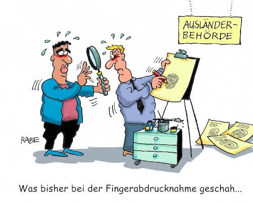 Cartoon: Fingerabdrücke (medium) by RABE tagged ausländerbehörde,ausländer,flüchtlinge,fingerabdrücke,fingerabdrucknahme,registrierung,doppelregistrierung,rabe,ralf,böhme,cartoon,karikatur,pressezeichnung,farbcartoon,tagescartoon,pisel,farbe,stift,lupe,staffelei,attentäter,migranten,ausländerbehörde,ausländer,flüchtlinge,fingerabdrücke,fingerabdrucknahme,registrierung,doppelregistrierung,rabe,ralf,böhme,cartoon,karikatur,pressezeichnung,farbcartoon,tagescartoon,pisel,farbe,stift,lupe,staffelei,attentäter,migranten