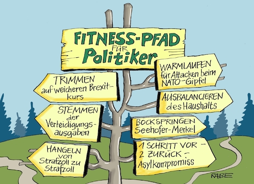 Cartoon: Fitnesspfad (medium) by RABE tagged markus,söder,csu,bayern,münchen,landesvorsitzender,horst,seehofer,merkel,cdu,union,streit,unionstreit,asylstreit,ultimatum,grenze,zurückweisung,flüchtlinge,grenzkontrollen,masterplan,asylkompromiss,asyllösung,brexit,may,nato,trump,trimmen,verteidigungsausgaben,stoltenberg,strafzoll,haushalt,bockspringen,wegweiser,gesundheit,pfad,weg,markus,söder,csu,bayern,münchen,landesvorsitzender,horst,seehofer,merkel,cdu,union,streit,unionstreit,asylstreit,ultimatum,grenze,zurückweisung,flüchtlinge,grenzkontrollen,masterplan,asylkompromiss,asyllösung,brexit,may,nato,trump,trimmen,verteidigungsausgaben,stoltenberg,strafzoll,haushalt,bockspringen,wegweiser,gesundheit,pfad,weg