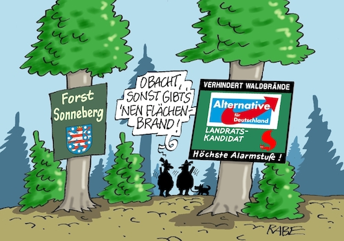 Cartoon: Flächenbrand (medium) by RABE tagged landratswahl,sonneberg,thüringen,wähler,sonntag,kandidat,landratskandidat,rabe,ralf,böhme,cartoon,karikatur,pressezeichnung,farbcartoon,tagescartoon,wald,forst,bäume,förster,hinweisschilder,eichhörnchem,flächenbrand,brandgefahr,waldbrand,waldbrandgefahr,afd,rechte,höcke,alrmstufe,warnung,landratswahl,sonneberg,thüringen,wähler,sonntag,kandidat,landratskandidat,rabe,ralf,böhme,cartoon,karikatur,pressezeichnung,farbcartoon,tagescartoon,wald,forst,bäume,förster,hinweisschilder,eichhörnchem,flächenbrand,brandgefahr,waldbrand,waldbrandgefahr,afd,rechte,höcke,alrmstufe,warnung