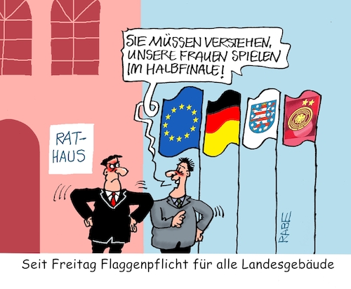 Cartoon: Flagge zeigen (medium) by RABE tagged fußball,em,wm,meisterschaft,schweiz,frauen,frauenfußball,spielerin,rabe,ralf,böhme,cartoon,karikatur,pressezeichnung,farbcartoon,spielplan,paarung,tv,live,uefa,sportschau,pkw,fahne,spiegelschoner,rathaus,thüringen,flagge,beflaggung,flaggenpflicht,sieg,halbfinale,sport,fußball,em,wm,meisterschaft,schweiz,frauen,frauenfußball,spielerin,rabe,ralf,böhme,cartoon,karikatur,pressezeichnung,farbcartoon,spielplan,paarung,tv,live,uefa,sportschau,pkw,fahne,spiegelschoner,rathaus,thüringen,flagge,beflaggung,flaggenpflicht,sieg,halbfinale,sport