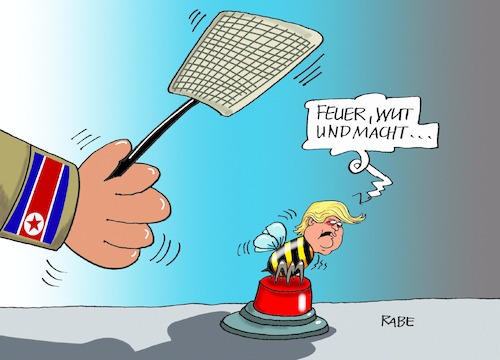 Cartoon: Fliegenpatsche (medium) by RABE tagged nordkorea,atomwaffen,atomwaffentests,atomraketen,kin,jong,usa,pazifikinsel,guam,raketenangriff,trump,rabe,ralf,böhme,cartoon,karikatur,pressezeichnung,farbcartoon,tagescartoon,fliege,wespe,ungeziefer,fliegenpatsche,feuer,wut,macht,nordkorea,atomwaffen,atomwaffentests,atomraketen,kin,jong,usa,pazifikinsel,guam,raketenangriff,trump,rabe,ralf,böhme,cartoon,karikatur,pressezeichnung,farbcartoon,tagescartoon,fliege,wespe,ungeziefer,fliegenpatsche,feuer,wut,macht