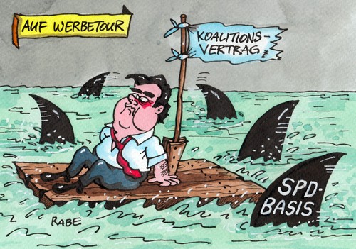 Cartoon: Flossfahrt (medium) by RABE tagged haifisch,raubfische,wasser,elterngeld,steuererhöhung,mindestlohn,unterzeichnung,wellengang,haie,merr,flossfahrt,floss,farbcartoon,pressezeichnung,karikatur,cartoon,böhme,ralf,rabe,werbefahrt,werbetour,seehofer,kanzlerin,merkel,cdu,union,koalitionsgespräche,koalitionsvertrag,koalition,parteibasis,basis,parteitag,mitgliederbefragung,nahles,generalsekretär,parteispitze,sozialdemokraten,spd,gabriel,gabriel,spd,sozialdemokraten,parteispitze,generalsekretär,nahles,mitgliederbefragung,parteitag,basis,parteibasis,koalition,koalitionsvertrag,koalitionsgespräche,union,cdu,merkel,kanzlerin,seehofer,werbetour,werbefahrt,rabe,ralf,böhme,cartoon,karikatur,pressezeichnung,farbcartoon,floss,flossfahrt,merr,wasser,raubfische,haifisch,haie,wellengang,unterzeichnung,mindestlohn,steuererhöhung,elterngeld