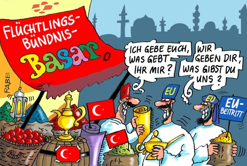 Cartoon: Flüchtlingsbasar (medium) by RABE tagged flüchtlinge,flüchtlingskrise,flüchtlingsunterkunft,rabe,ralf,böhme,cartoon,karikatur,pressezeichnung,farbcartoon,tagescartoon,kanzlerin,merkel,cdu,seehofer,türkei,erdogan,basar,beitritt,flüchtlingsbündnis,eu,balkanroute,brüssel,grenzkontrollen,syrien,syrer,auffanglager,flüchtlingslager,griechenland,flüchtlinge,flüchtlingskrise,flüchtlingsunterkunft,rabe,ralf,böhme,cartoon,karikatur,pressezeichnung,farbcartoon,tagescartoon,kanzlerin,merkel,cdu,seehofer,türkei,erdogan,basar,beitritt,flüchtlingsbündnis,eu,balkanroute,brüssel,grenzkontrollen,syrien,syrer,auffanglager,flüchtlingslager,griechenland