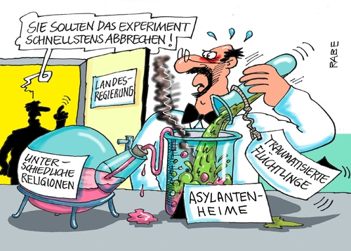 Cartoon: Flüchtlingsheim (medium) by RABE tagged chemie,landesregierung,labor,tagescartoon,farbcartoon,pressezeichnung,karikatur,cartoon,böhme,ralf,rabe,fremdenhass,zwischenfälle,gewalt,traumatisierung,religionen,flüchtlingsunterkunft,asylantenheim,asylanten,flüchtlingsheim,glaskolben,experiment,flüchtlingsheim,asylanten,asylantenheim,flüchtlingsunterkunft,religionen,traumatisierung,gewalt,zwischenfälle,fremdenhass,rabe,ralf,böhme,cartoon,karikatur,pressezeichnung,farbcartoon,tagescartoon,labor,landesregierung,chemie,glaskolben,experiment