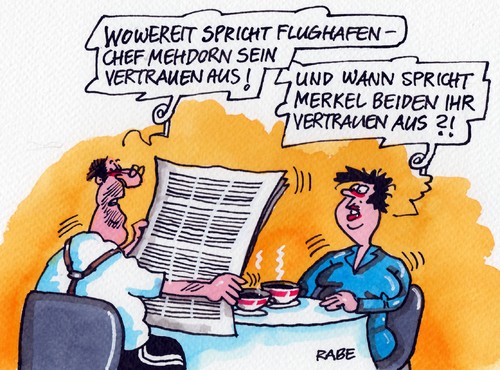 Cartoon: Flughafenchefs (medium) by RABE tagged wowereit,spd,mehdorn,flugplatz,fluhafen,hauptstadtflughafen,schönefeld,verzögerung,neueröffnung,startbahn,landebahn,schluderei,bahnchef,berlin,bürgermeister,rabe,ralf,böhme,cartoon,karikatur,pressezeichnung,farbcartoon,vertrauen,baustopp,bauverzögerung,brandschutz,ehepaar,frühstückstisch,zeitung,schlagzeile,flughafenchef,merkel,kanzlerin,entlassung,wowereit,spd,mehdorn,flugplatz,fluhafen,hauptstadtflughafen,schönefeld,verzögerung,neueröffnung,startbahn,landebahn,schluderei,bahnchef,berlin,bürgermeister,rabe,ralf,böhme,cartoon,karikatur,pressezeichnung,farbcartoon,vertrauen,baustopp,bauverzögerung,brandschutz,ehepaar,frühstückstisch,zeitung,schlagzeile,flughafenchef,merkel,kanzlerin,entlassung