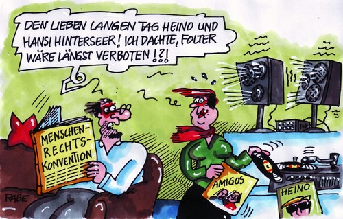 Cartoon: Folterstudio (medium) by RABE tagged menschenrechte,menschenrechtskonvention,gäfgen,schmerzensgeld,schmerzen,urteil,richter,justiz,polizeiverhör,eu,brüssel,verbrecher,kinderscchänder,mörder,volksmusik,schlager,musikantenstadl,hitparade,schlagerparade,amigos,heino,hinterseer,tag,folter,foltermethode,folterkammer,pranger,folterwerkzeuge,ehepaar,mann,frau,couch,lärm,gehör,trommelfell,kopfschmerzen,dezibil,lärmschutzwand,ohropax,boxen,bass,lautsprecher,lautsprecherboxen,stereoanlage,leistung,watt,sound,tuner,plattenspieler,schallplatte,cd,plattencover,menschenrechte,menschenrechtskonvention,gäfgen,schmerzensgeld,schmerzen,urteil,richter,justiz,polizeiverhör