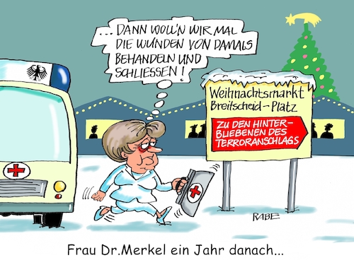 Cartoon: Frau Doktor Merkel (medium) by RABE tagged weihnachtsmarkt,berlin,amri,attentat,opfer,hinterbliebene,is,terroranschlag,dezember,rabe,ralf,böhme,cartoob,karikatur,pressezeichnung,farbcartoon,tagescartoon,merkel,kanzlerin,kondolenz,kondolenzbesuch,kondolenzbrief,opferbetreung,sanitätet,rettungswagen,betonsperren,weihnachtsmarkt,berlin,amri,attentat,opfer,hinterbliebene,is,terroranschlag,dezember,rabe,ralf,böhme,cartoob,karikatur,pressezeichnung,farbcartoon,tagescartoon,merkel,kanzlerin,kondolenz,kondolenzbesuch,kondolenzbrief,opferbetreung,sanitätet,rettungswagen,betonsperren