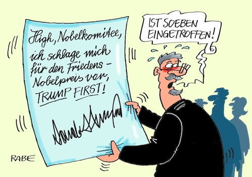 Cartoon: Friede sei mit euch (medium) by RABE tagged donald,trump,usa,us,president,washington,botschaften,länder,hauptstädte,rabe,ralf,böhme,cartoon,karikatur,pressezeichnung,farbcartoon,tagescartoon,nobelpreis,nobelpreiskomitee,friedensnobelpreis,vorschlag,komitee,frieden,first,obama,oslo,nobelpreisverleihung,donald,trump,usa,us,president,washington,botschaften,länder,hauptstädte,rabe,ralf,böhme,cartoon,karikatur,pressezeichnung,farbcartoon,tagescartoon,nobelpreis,nobelpreiskomitee,friedensnobelpreis,vorschlag,komitee,frieden,first,obama,oslo,nobelpreisverleihung